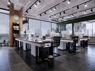 Modern Public Office Space With Open Layout Desks Ergonomic Chairs And Ceiling Lights 3d model