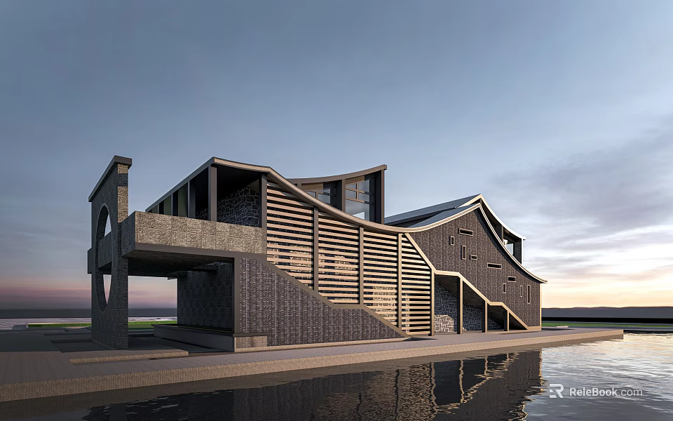 Modern Post House Architecture With Waterfront Reflection Sloped Roof And Wooden Grille 3d model 