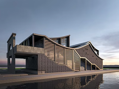 Modern Post House Architecture With Waterfront Reflection Sloped Roof And Wooden Grille 3d model