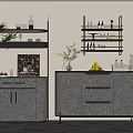 Modern Textured Sideboard With Black Shelves Wine Glasses Bottles Plants And Fruits