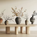 Various Ceramic Vases With Branches And Small Blooms On Wooden Table In Minimalist Interior