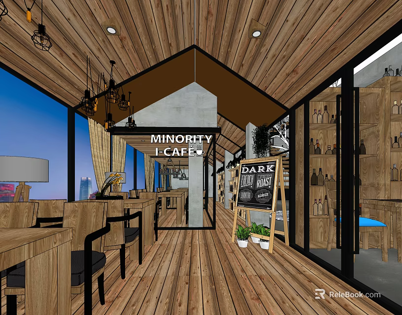 Minority Local Restaurant Interior With Rustic Wooden Decor Chandeliers Tables Chairs And Plants 3d model 