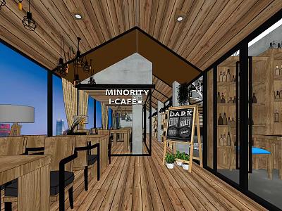 Minority Local Restaurant Interior With Rustic Wooden Decor Chandeliers Tables Chairs And Plants 3d model