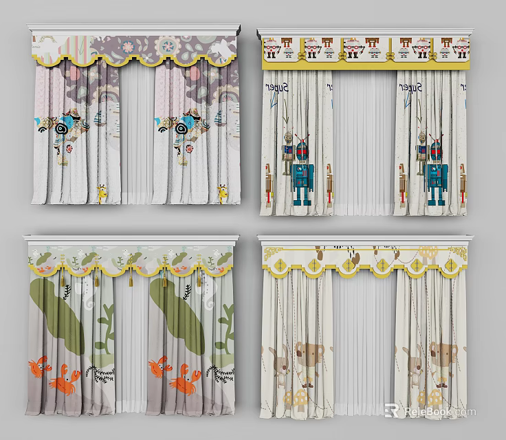 Children's Curtains With Cartoon Robot House Plant Animal Patterns And Decorative Top 3d model 