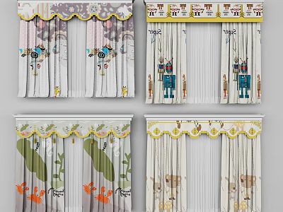 Children's Curtains With Cartoon Robot House Plant Animal Patterns And Decorative Top 3d model