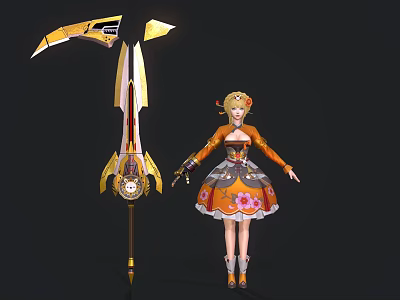 Game Movie Female Character With Golden Hair Orange Pink Floral Dress And Large Golden Weapon 3d model