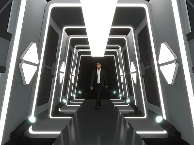 Futuristic Corridor With Geometric LED Lights And Man In Suit Walking 3d model