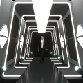 Futuristic Corridor With Geometric LED Lights And Man In Suit Walking