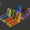 Colorful Skee Ball Machines With Neon Lights And Vibrant Hues On Dark Surface