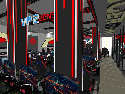 VIP Zone Cyber Cafe Interior With Red And Black Decor And Gaming Computers 3d model
