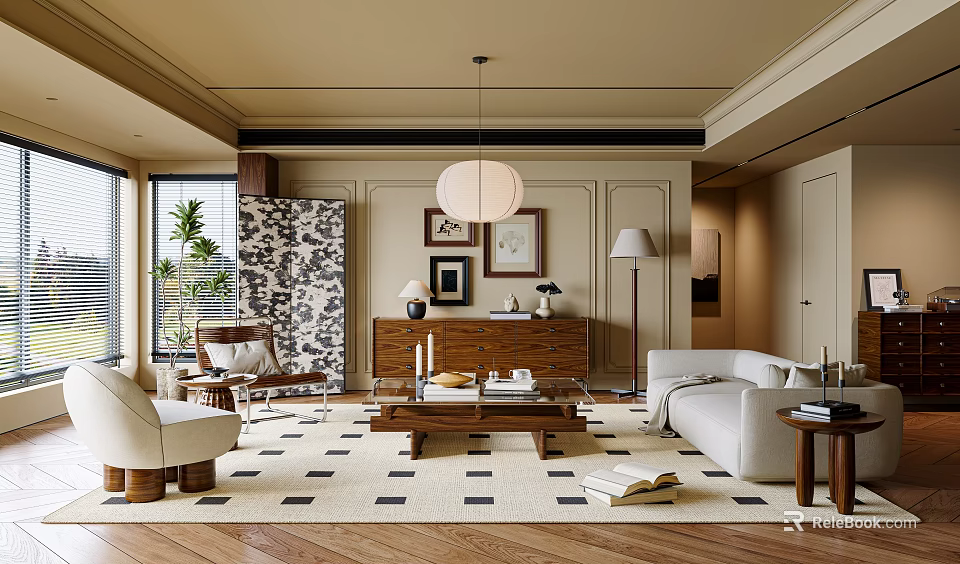 Modern Living Room Interior Design With Beige Sofa Coffee Table Rug And Decorative Paintings 3d model 