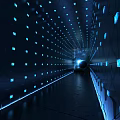 Futuristic Elevator Corridor With Illuminated Blue Lights Geometric Wall Panels And Dark Floor Design 3d model