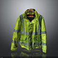 High Visibility Yellow Safety Jacket With Reflective Strips And Front Pockets On Wooden Hanger