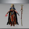 Fantasy Female Mage Character With Golden Hair Red Blue Armor Black Cape And Creature Themed Staff
