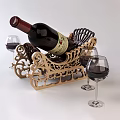 Wine Bottle with Red Wine Glasses on Ornate Wooden Rack with Intricate Carvings