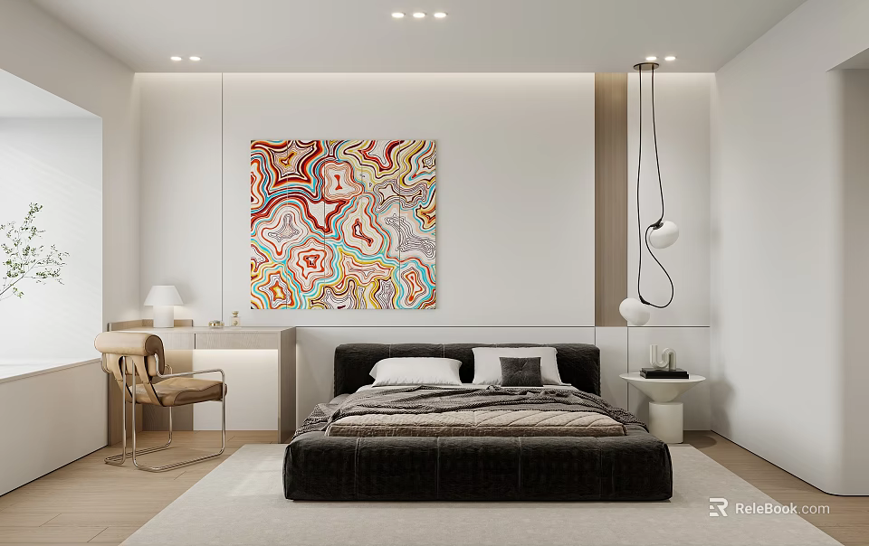 Modern Bedroom With Black Bed Colorful Abstract Art Desk Chair Pendant Lights And Wooden Floor 3d model 
