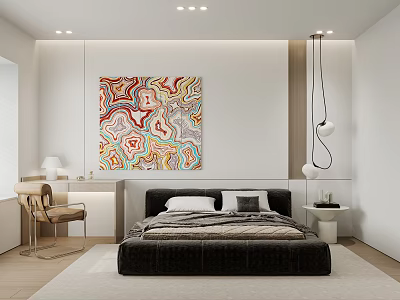 Modern Bedroom With Black Bed Colorful Abstract Art Desk Chair Pendant Lights And Wooden Floor 3d model