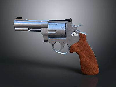 Silver Revolver With Wooden Grip And Detailed Metal Cylinder Design 3d model
