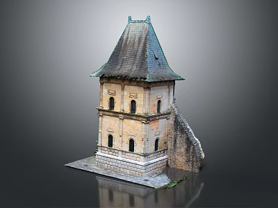 Cartoon Scene Vintage Tower With Green Roof Stone Base Slanted Walls And Windows 3d model