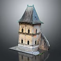 Cartoon Scene Vintage Tower With Green Roof Stone Base Slanted Walls And Windows