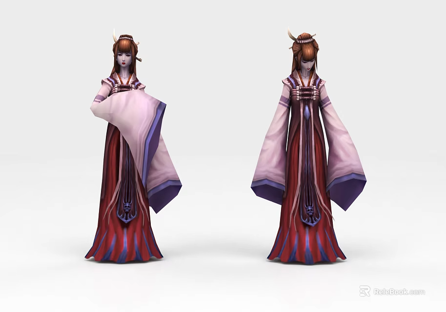Game Movie Character in Ornate Traditional Red Purple Long Dress with Horn Hairstyle 3d model 
