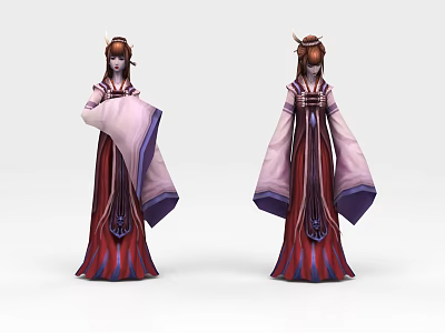 Game Movie Character in Ornate Traditional Red Purple Long Dress with Horn Hairstyle 3d model