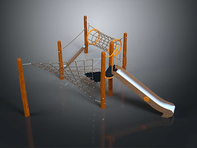 Outdoor Playground Equipment with Wooden Posts Orange Rings Climbing Net and Slide 3d model