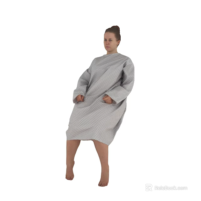 Woman Wearing Gray Striped Loose Fitting Long Sleeved Gown Standing With Hands In Pockets 3d model 