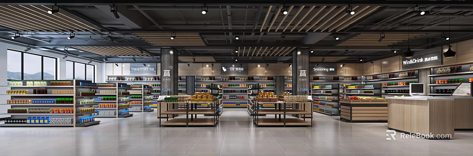 Modern Supermarket Interior With Shelves Full Of Grocery Products And Bright Lighting 3d model 
