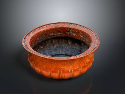 Orange Ceramic Garden Ornament Planter With Carved Patterns And Decorative Rim 3d model