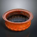 Orange Ceramic Garden Ornament Planter With Carved Patterns And Decorative Rim