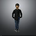 Child in Black Long Sleeved Shirt Blue Jeans Sneakers with Blue Accessory on Gray Background