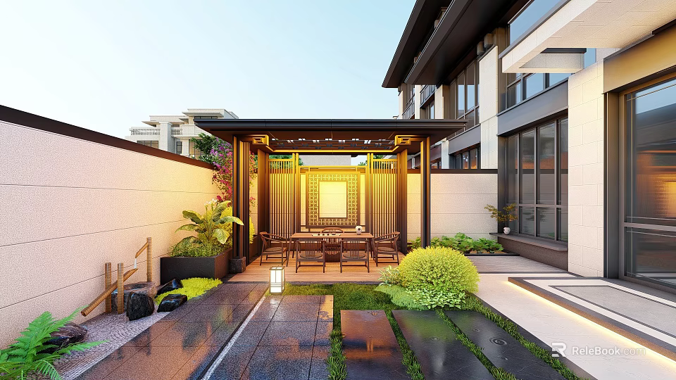 Courtyard Garden With Modern Chinese Wooden Pavilion Outdoor Seating Green Plants And Water Features 3d model 