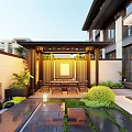Courtyard Garden With Modern Chinese Wooden Pavilion Outdoor Seating Green Plants And Water Features