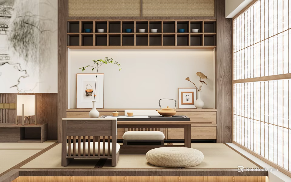 Traditional Japanese Tea Room Interior With Wooden Furniture Tatami Mat And Tea Sets 3d model 