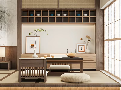Traditional Japanese Tea Room Interior With Wooden Furniture Tatami Mat And Tea Sets 3d model
