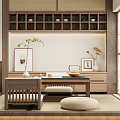 Traditional Japanese Tea Room Interior With Wooden Furniture Tatami Mat And Tea Sets