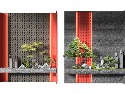 Modern Textured Landscape Feature Wall With Potted Trees Rock Formations And Red Accents 3d model