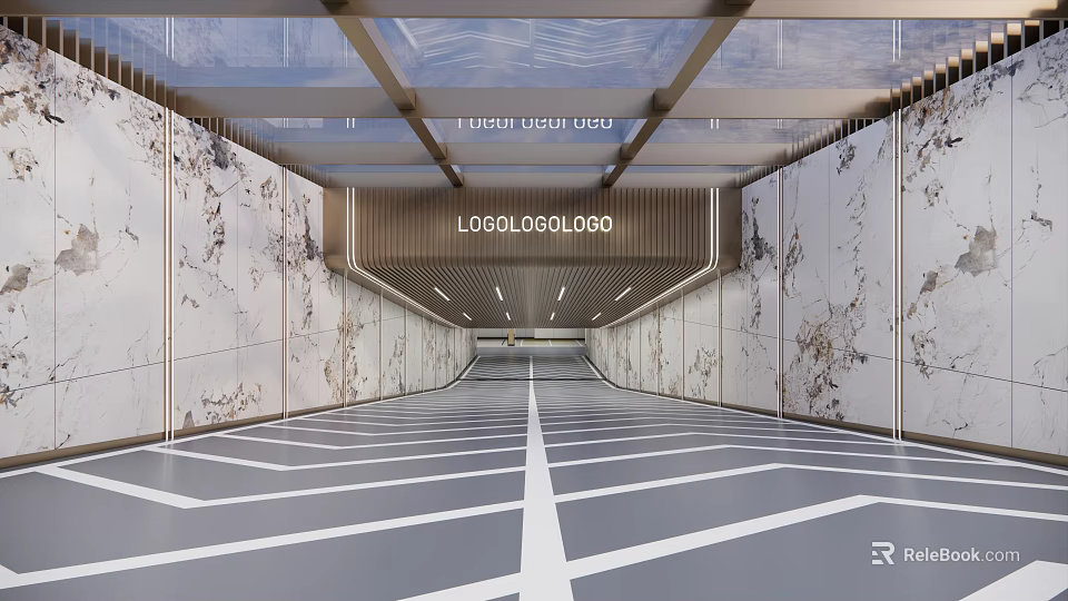 Modern Parking Garage Interior Design With Glass Ceiling And Marble Walls 3d model 