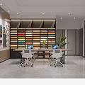 Modern Interior Space With Color Sample Display Shelves Work Table Chairs Plants And Bookshelves