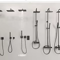 Modern Black Shower Systems With Various Designs Including Rain Heads And Handheld Sprayers 3d model