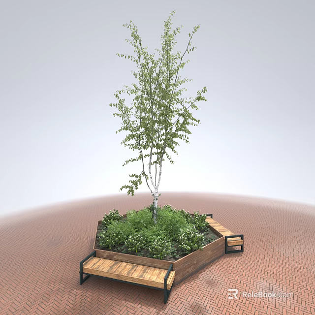 Outdoor Chair in Hexagonal Planter with Tree Green Plants and Wooden Steps 3d model 