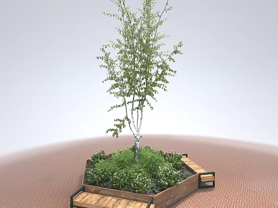Outdoor Chair in Hexagonal Planter with Tree Green Plants and Wooden Steps 3d model