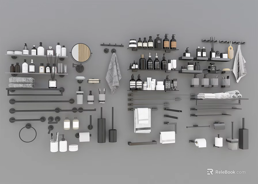 Complete Bathroom Accessories Set Featuring Bottles Mirror Racks Hooks And Shelves 3d model