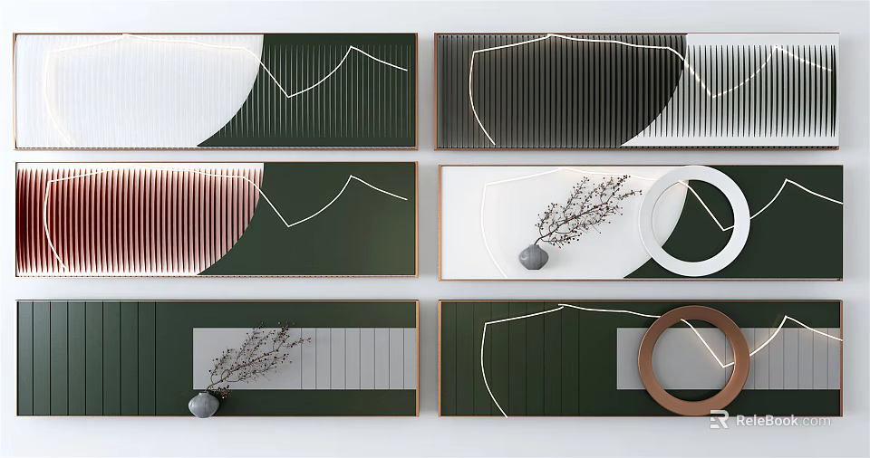 Modern Geometric Wall Decor With Green White Black Background Gold Frames And Dried Plant Ornaments 3d model 