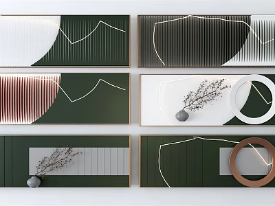 Modern Geometric Wall Decor With Green White Black Background Gold Frames And Dried Plant Ornaments 3d model