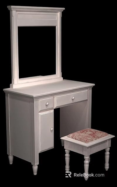 White Dressing Table with Mirror Drawers Cabinet and Stool Featuring Floral Pattern Cushion 3d model 