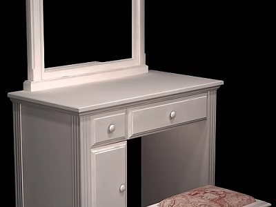 White Dressing Table with Mirror Drawers Cabinet and Stool Featuring Floral Pattern Cushion 3d model