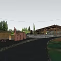 Visitor Center With Wooden Roof Sculptures Gravel Path Grass Area And People Walking
