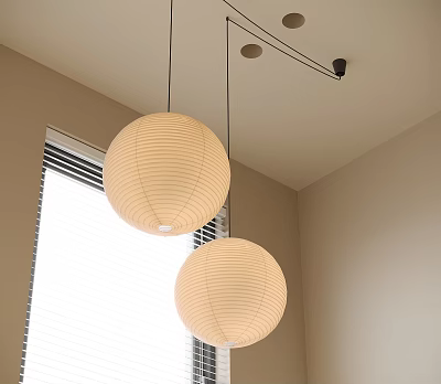 Round Spherical Paper Lantern Pendant Lights Hanging From Ceiling In Room With Window And Blinds 3d model